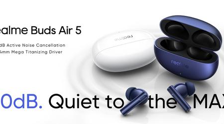 realme Buds Air 5: driver da 12,4 mm, ANC, protezione IPX7 e fino a 38 ore di autonomia per 39 dollari.