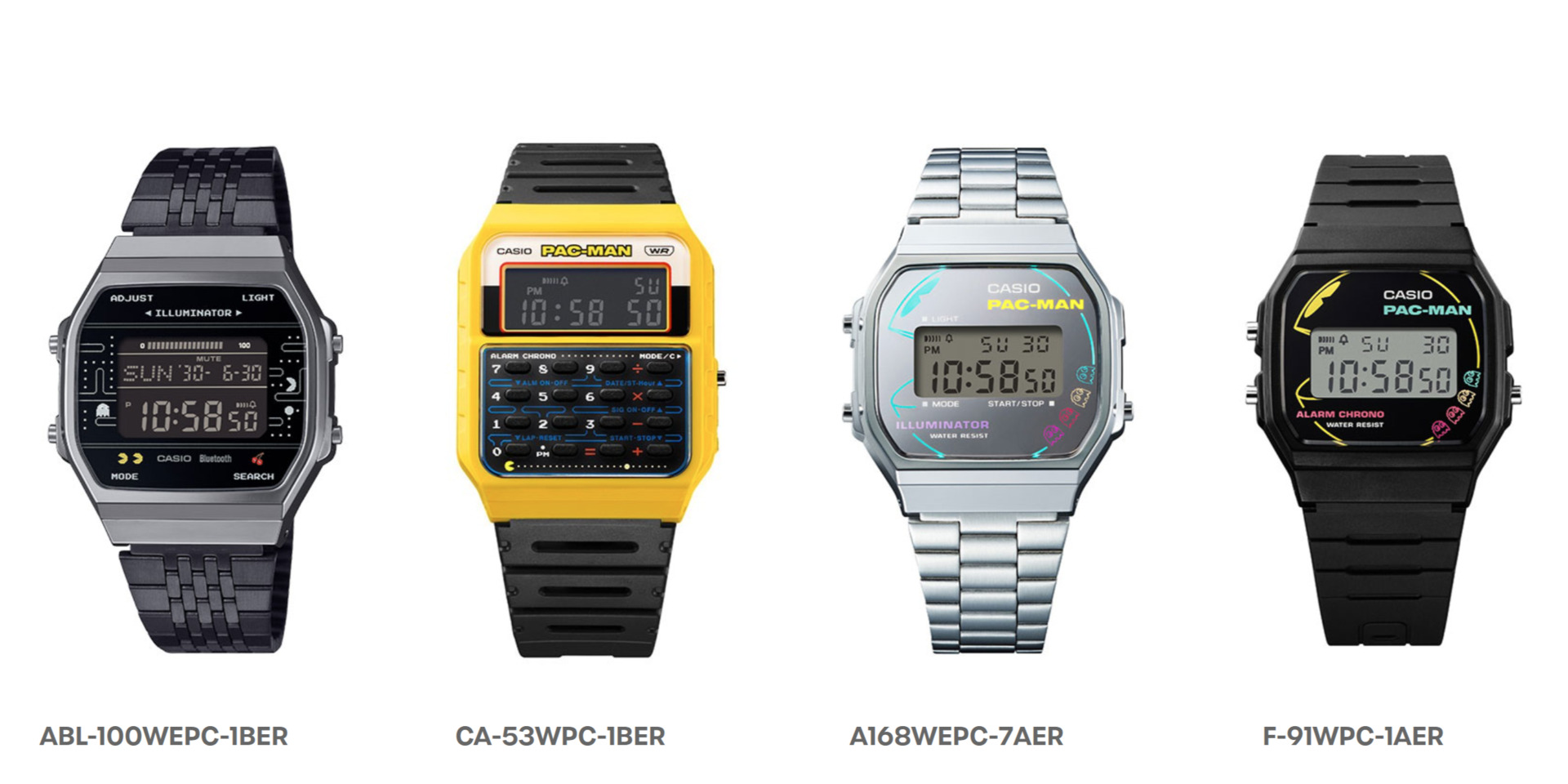 Collezione di orologi Casio Pac-Man: modelli luminosi con Bluetooth e calcolatrice disponibili in Europa