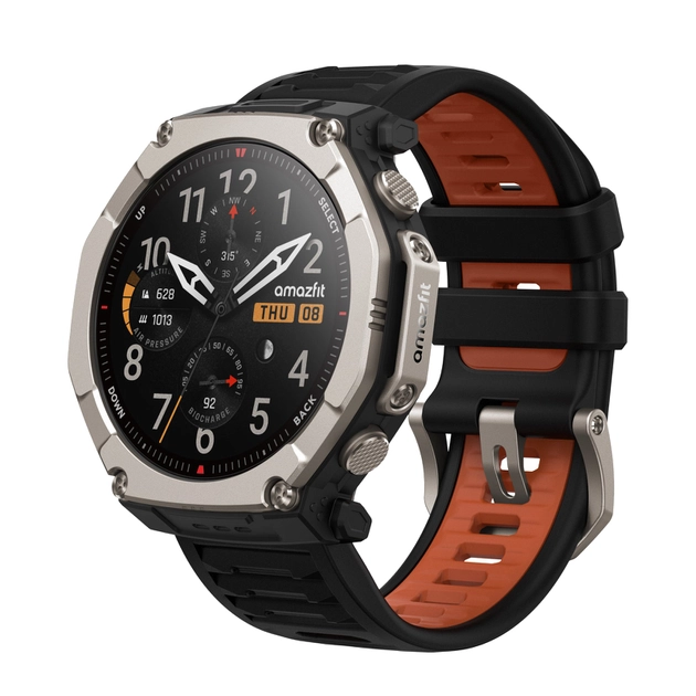 Smartwatch protetto Amazfit T-Rex Ultra 2 in una cassa di titanio