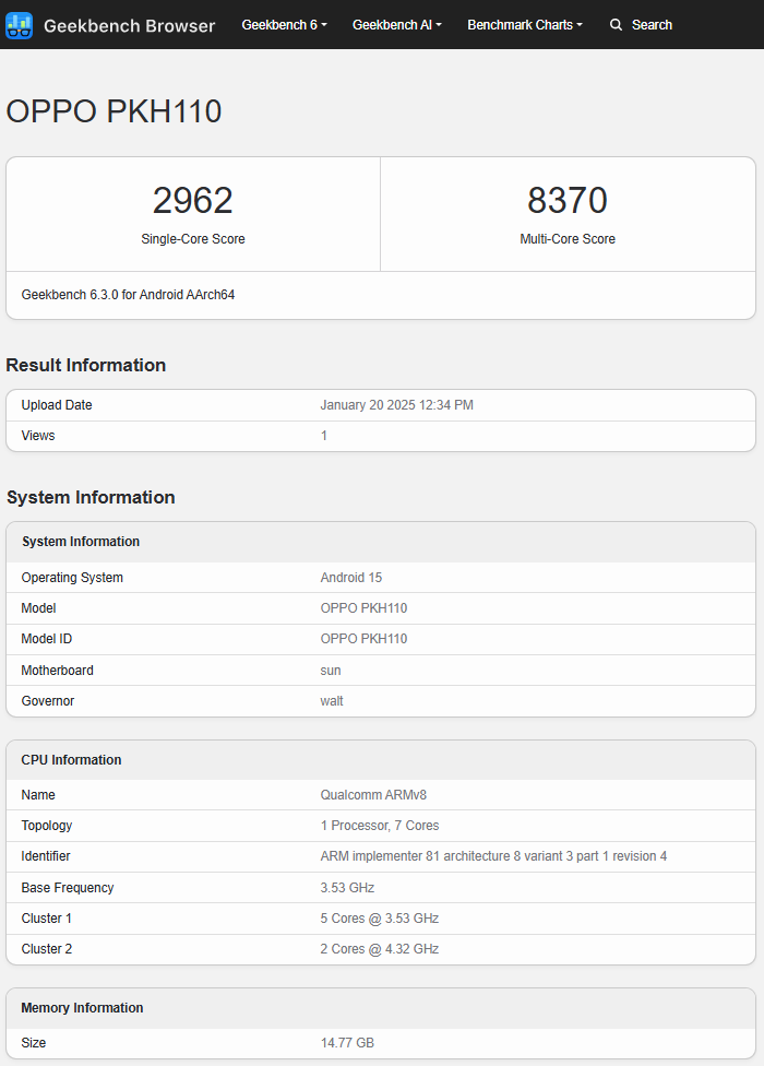 Risultati del test di Oppo Find N5 Risultati del test dell'Oppo Find N5 (modello PKH100). Illustrazione: Geekbench