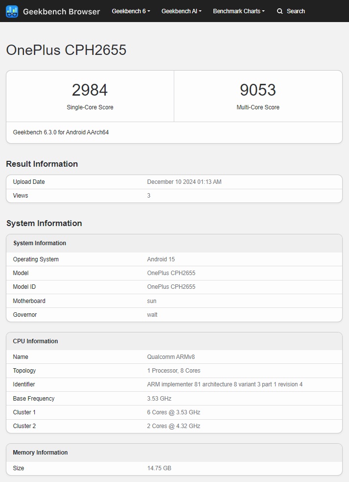 Risultati dei test sulle prestazioni globali di OnePlus 13 Risultati dei test sulle prestazioni di OnePlus 13 su piattaforma GeekBench