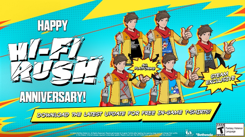 Gli sviluppatori di Hi-Fi Rush hanno rilasciato un importante aggiornamento per il gioco d'azione ritmico di successo e stanno regalando ai giocatori una collezione di magliette in-game-3 Gli sviluppatori di Hi-Fi Rush hanno rilasciato un importante aggiornamento per il gioco d'azione ritmico di successo e stanno regalando ai giocatori una collezione di magliette in-game-3