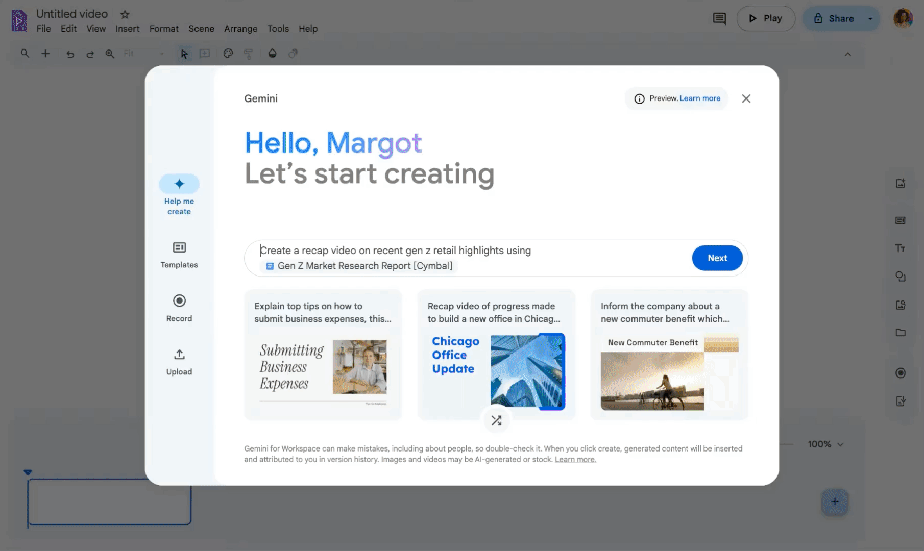 La nuova opzione Google Vids. Illustrazione: Google