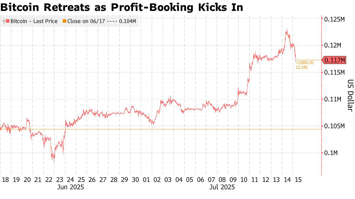 Grafico dei prezzi del Bitcoin Il Bitcoin si è corretto a $117.000 dopo un picco record sopra $123.000