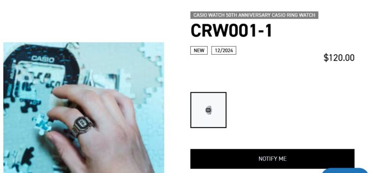 CRW001-1. Illustrazione: Orologio ad anello Casio CRW001-1 sullo sfondo delle informazioni sul rifornimento negli USA