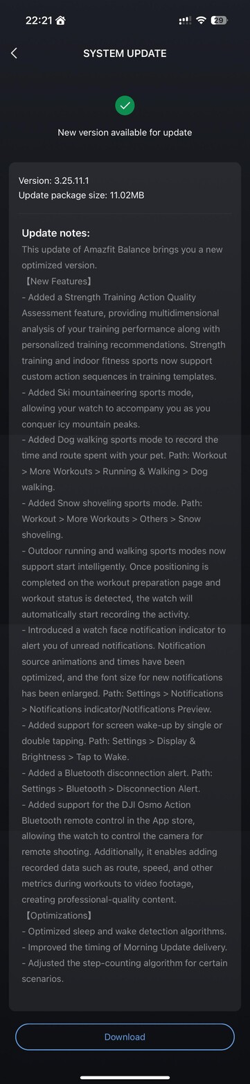 Dettagli dell'aggiornamento dello smartwatch Amazfit Balance, versione 3.25.11.1 Dettagli dell'aggiornamento dello smartwatch Amazfit Balance, versione 3.25.11.1