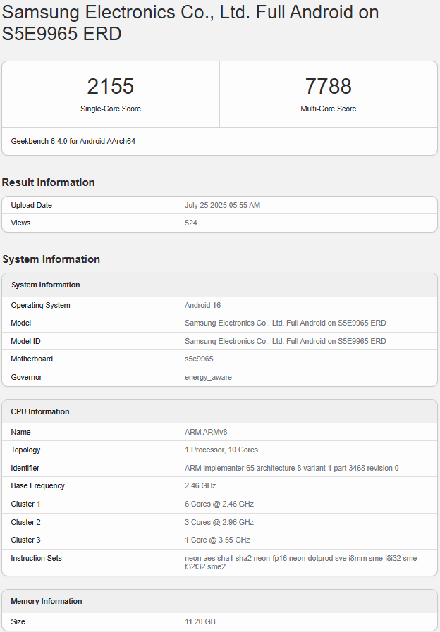 Risultati Geekbench Exynos 2600