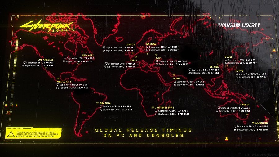 Ora non ve lo perderete di certo! CD Projekt RED ha pubblicato una mappa visiva che mostra l'orario di uscita dell'espansione Phantom Liberty per Cyberpunk 2077 nei principali fusi orari.-2 Ora non ve lo perderete di certo! CD Projekt RED ha pubblicato una mappa visiva che mostra l'orario di uscita dell'espansione Phantom Liberty per Cyberpunk 2077 nei principali fusi orari.-2