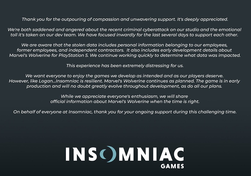 Sconvolto ma non distrutto: il team di Insomniac Games ha rilasciato una dichiarazione sulle conseguenze della massiccia fuga di informazioni importanti-2 Sconvolto ma non distrutto: il team di Insomniac Games ha rilasciato una dichiarazione sulle conseguenze della massiccia fuga di informazioni importanti-2