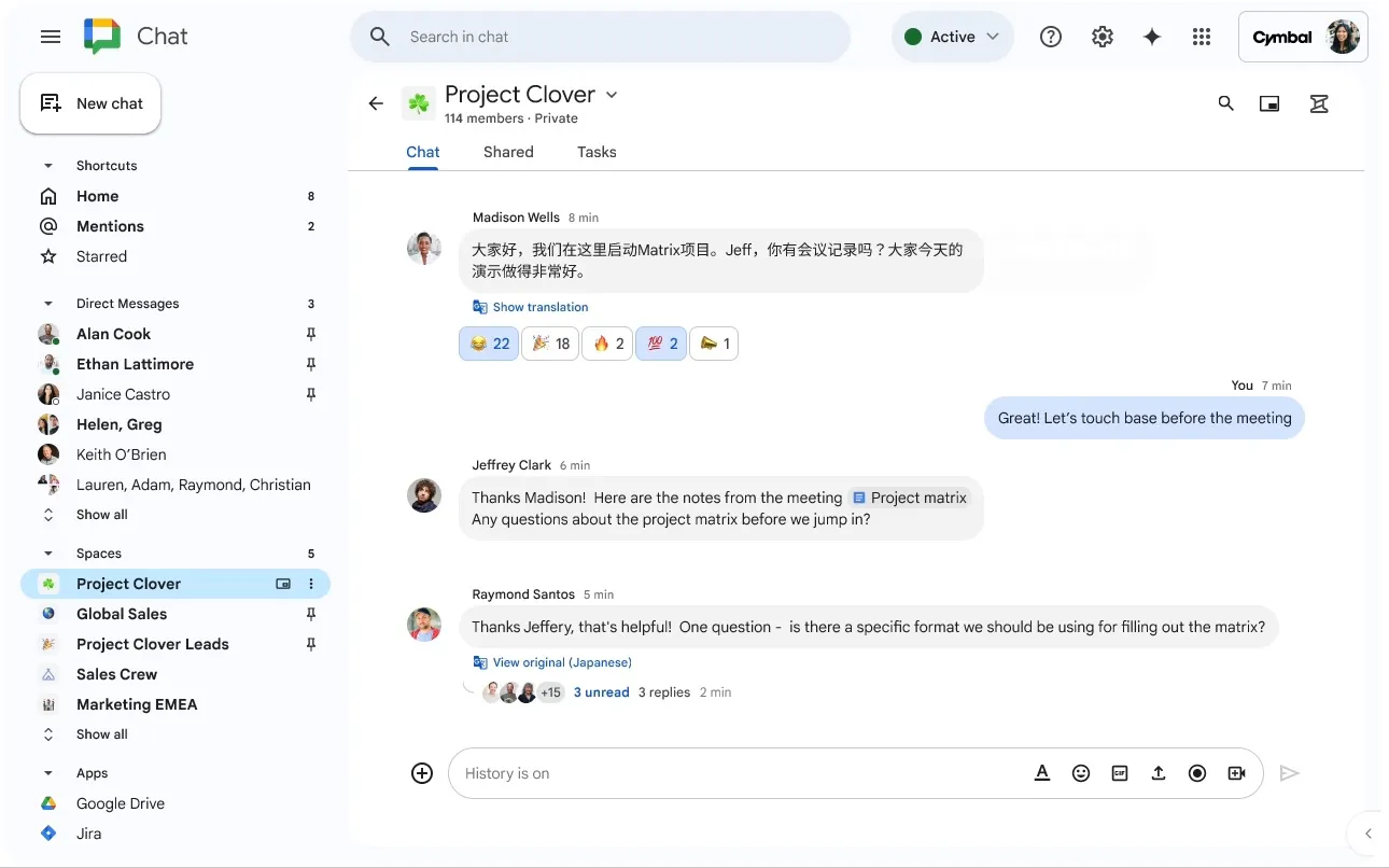 Funzione di traduzione automatica in Google Chat Funzione di traduzione automatica in Google Chat