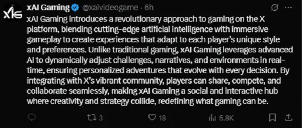 Screenshot di un post su xAI Gaming Screenshot di un post su xAI Gaming