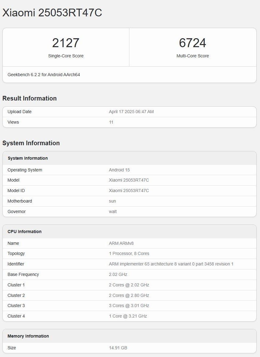 Risultati del test del presunto Redmi Turbo 4 Pro in Geekbench