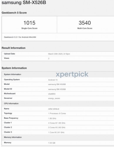 Galaxy Tab S10 FE (SM-X526B) su Geekbench. Illustrazione: xpertpick