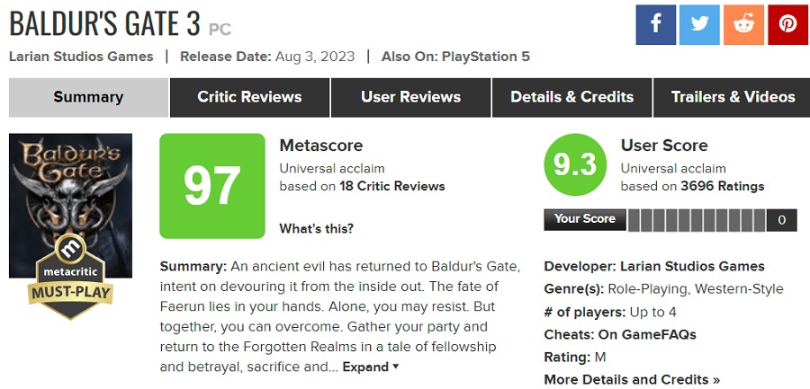 Un successo colossale per Larian Studios, Baldur's Gate 3 è diventato il gioco più votato del 2023 ed è tra i migliori progetti nella storia di Metacritic.-2 Un successo colossale per Larian Studios, Baldur's Gate 3 è diventato il gioco più votato del 2023 ed è tra i migliori progetti nella storia di Metacritic.-2