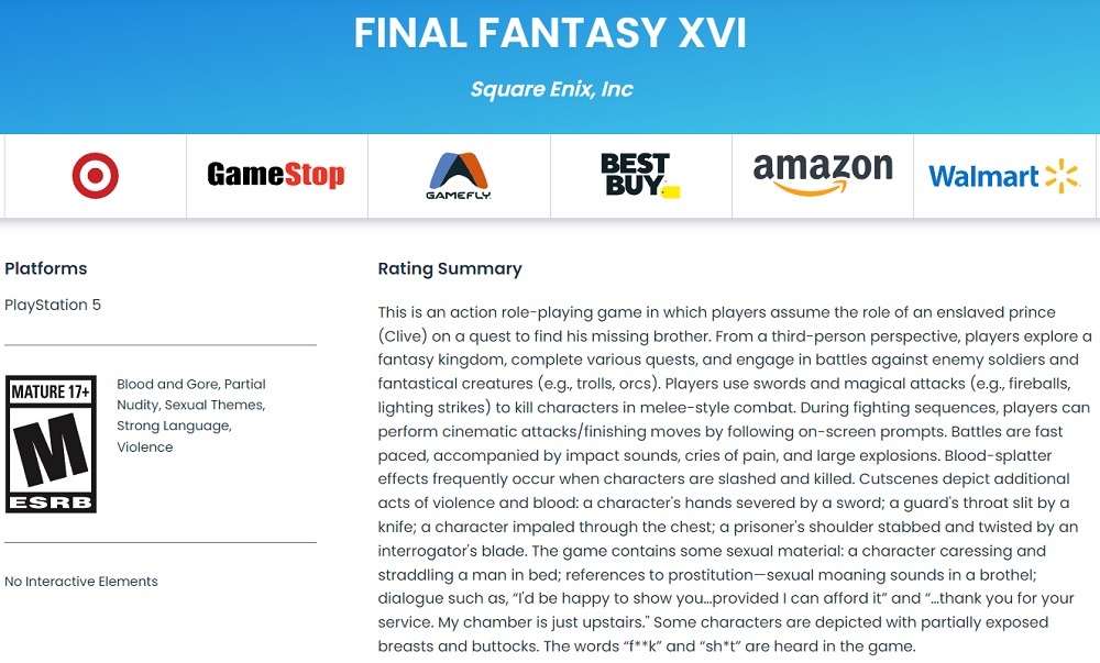 Nudità, violenza e linguaggio scurrile: Il gioco di ruolo giapponese Final Fantasy XVI è classificato M (17+) dall'ESRB.-2 Nudità, violenza e linguaggio scurrile: Il gioco di ruolo giapponese Final Fantasy XVI è classificato M (17+) dall'ESRB.-2