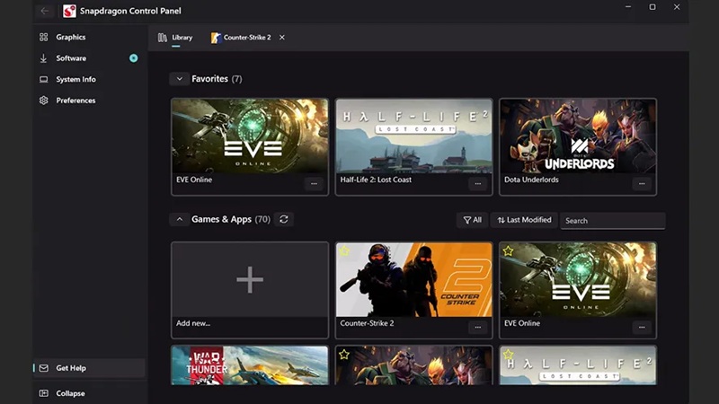 Screenshot dell'interfaccia Snapdragon Control Panel