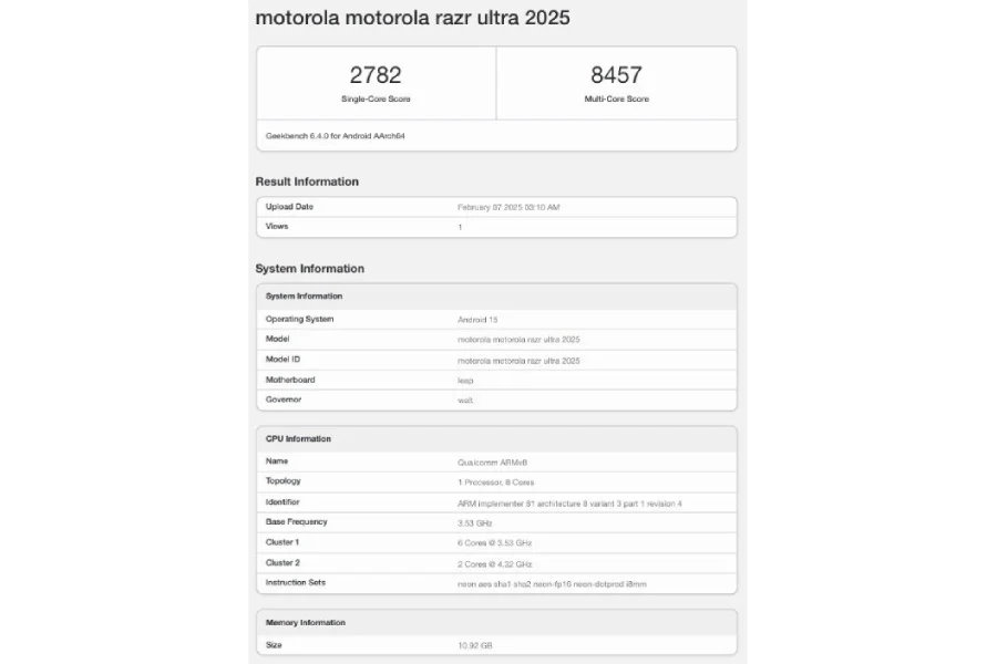 Motorola Razr Ultra 2025. Illustrazione: Geekbench Motorola Razr Ultra 2025 dal codice Geekbench