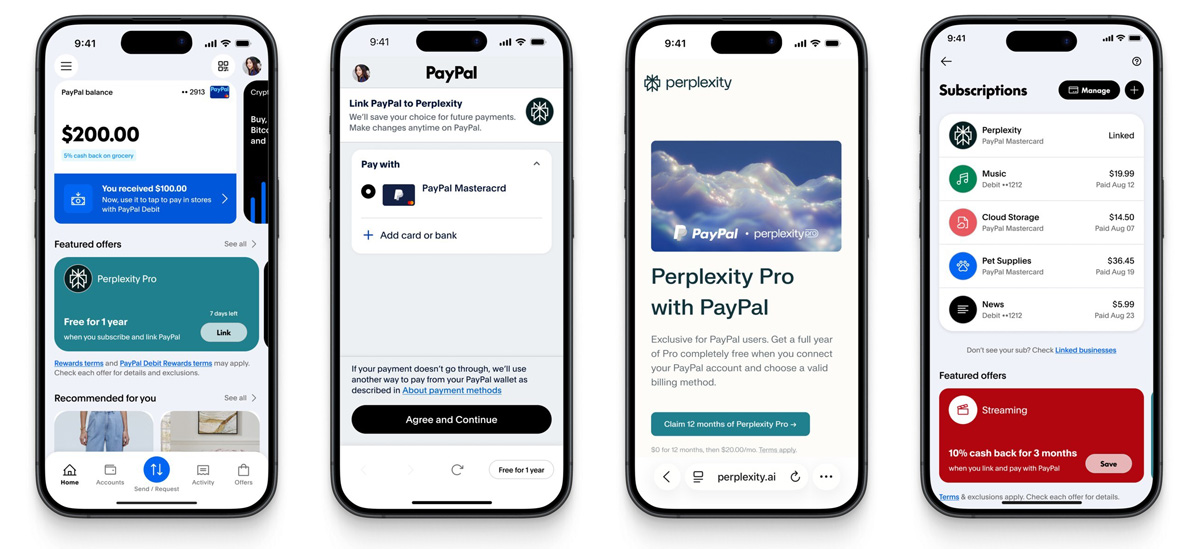 Un anno di abbonamento di Perplexity Pro gratuito. Illustrazione per la campagna PayPal