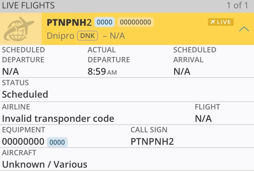 Dati sul volo di un aereo sconosciuto