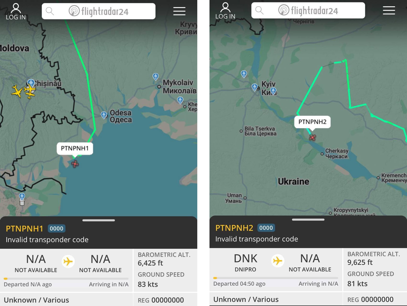 Screenshots from the Flightradar24 service