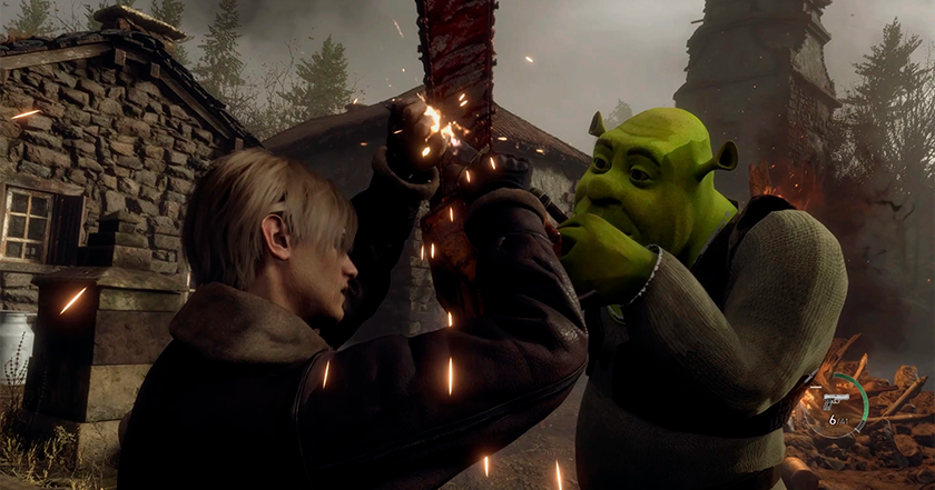 Questa è la parte in cui si scappa. Per la demo di Resident Evil 4 Chainsaw è disponibile una modifica che aggiunge Shrek. Questa è la parte in cui si scappa. Per la demo di Resident Evil 4 Chainsaw è disponibile una modifica che aggiunge Shrek.