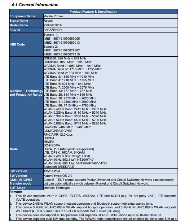 Smartphone Redmi con certificazione FCC Smartphone Redmi con certificazione FCC