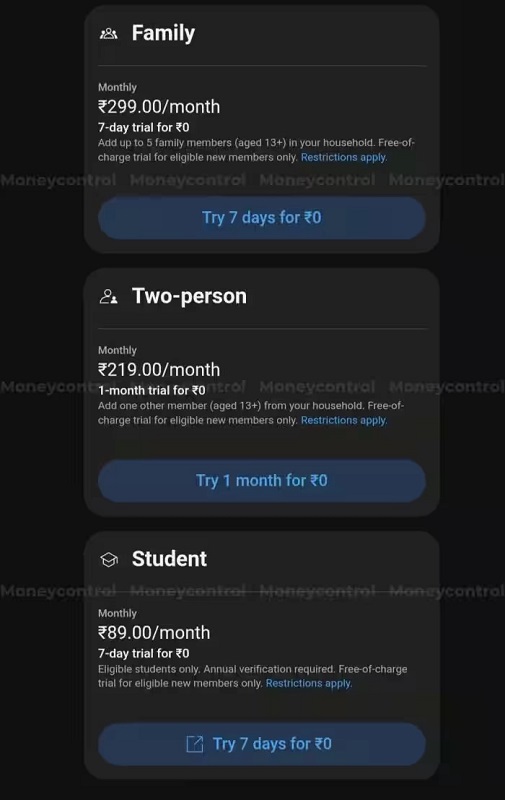 Screenshot delle tariffe di YouTube Premium