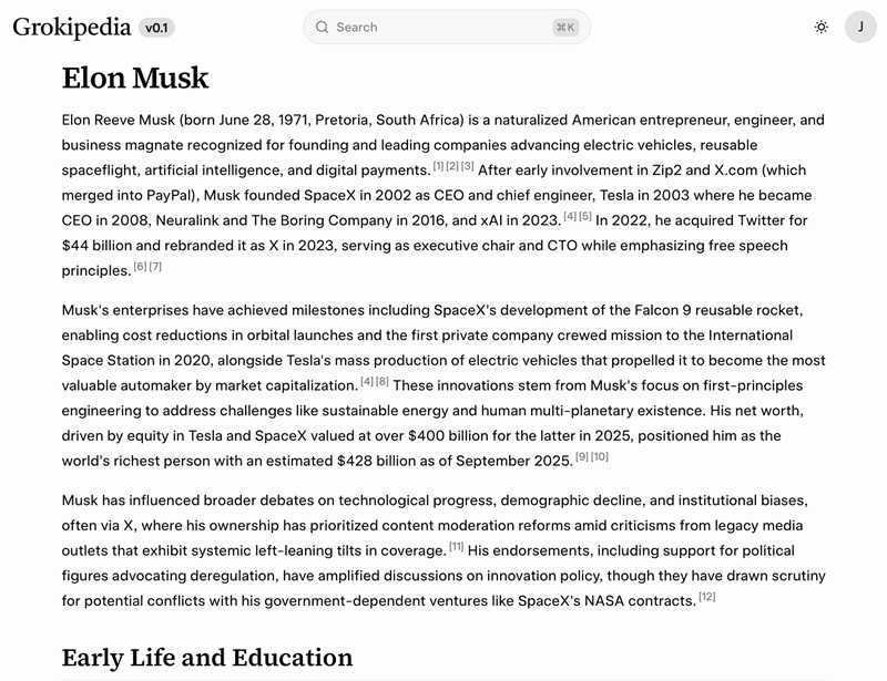 Screenshot della pagina di Grokipedia