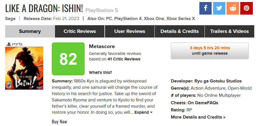 Come un drago: Ishin! ha ricevuto le prime recensioni dai giornalisti. Il gioco ha ottenuto 82 punti su 100 su Metacritic.-2 Come un drago: Ishin! ha ricevuto le prime recensioni dai giornalisti. Il gioco ha ottenuto 82 punti su 100 su Metacritic.-2