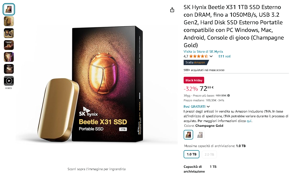 SK Hynix Beetle X31 - SSD esterno 1TB Immagine dell'SK Hynix Beetle X31 - SSD esterno portatile