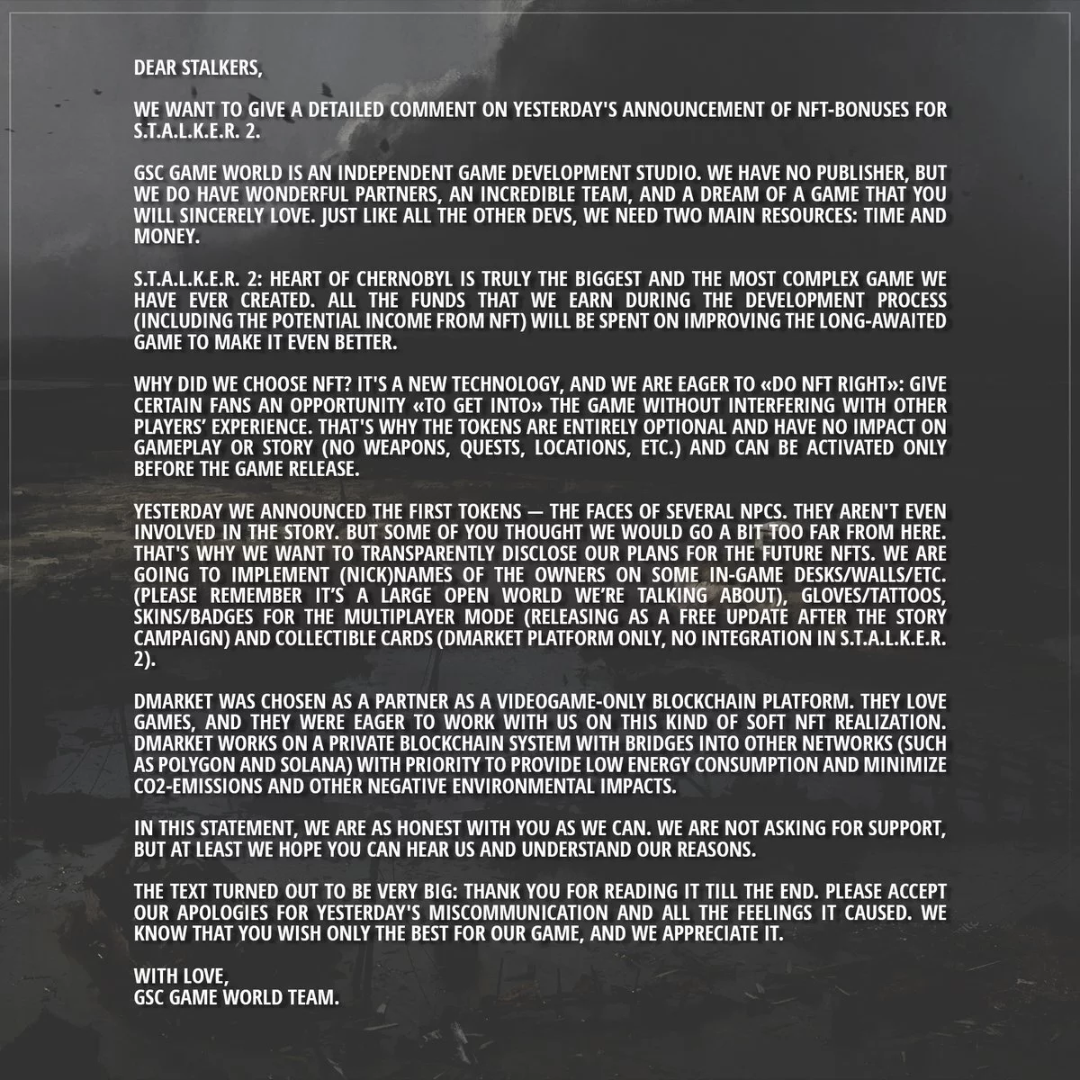Sviluppatori S.T.A.L.K.E.R. 2: Heart of Chernobyl ha abbandonato l'idea di introdurre NFT a causa dell'indignazione dei giocatori Sviluppatori S.T.A.L.K.E.R. 2: Heart of Chernobyl ha abbandonato l'idea di introdurre NFT a causa dell'indignazione dei giocatori