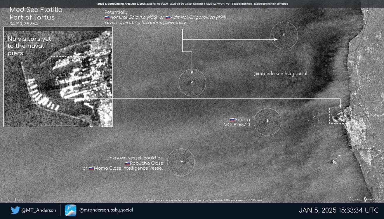Illustrazione: MT_Anderson (Twitter/X) Area acquatica della base di Tartus la mattina del 5 gennaio 2025