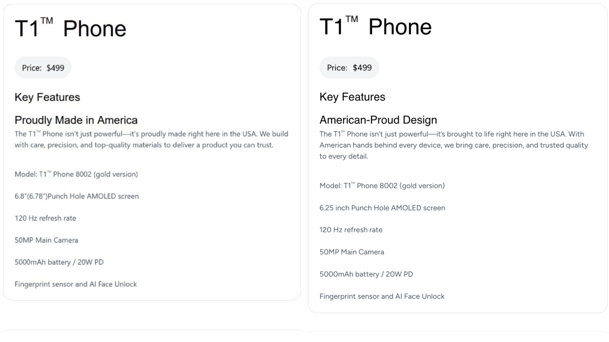Descrizione vecchia e aggiornata dello smartphone T1 Phone