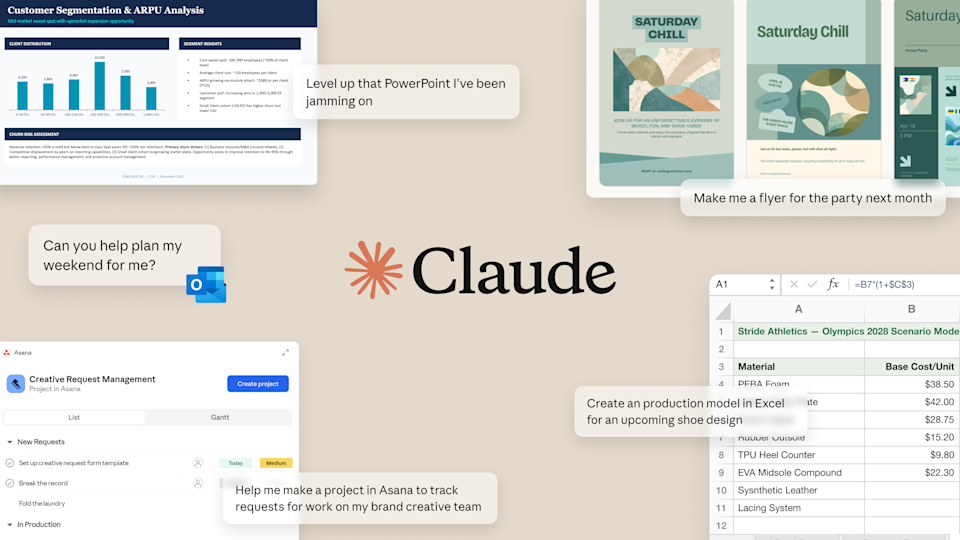 Illustrazione con il logo di Claude ed esempi di utilizzo dell'AI per compiti d'ufficio