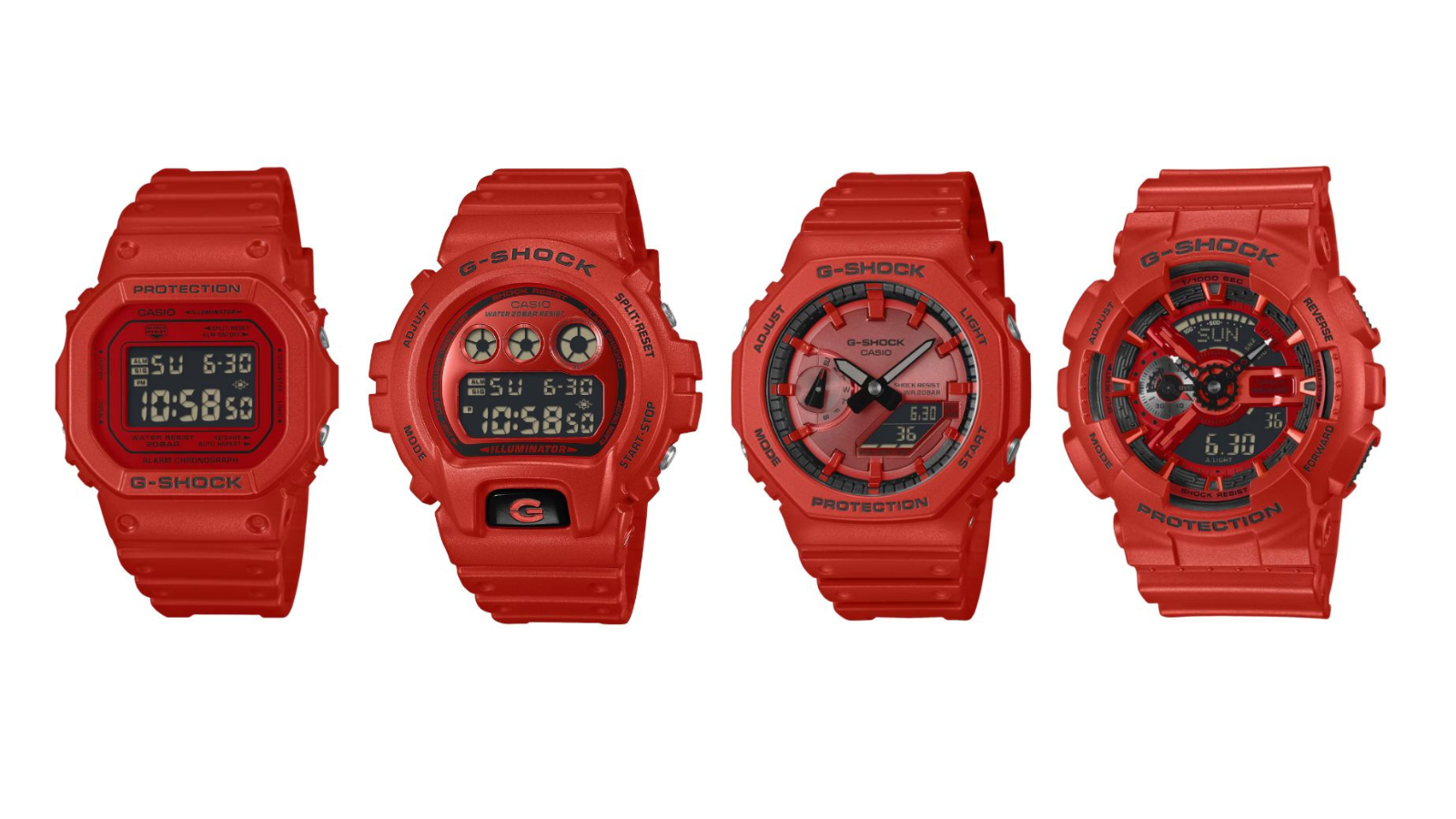 Orologi Casio G-Shock rossi: DW5600RRB-4, DW6900RRB-4, GA2100RRB-4A e GA110RRB-4A