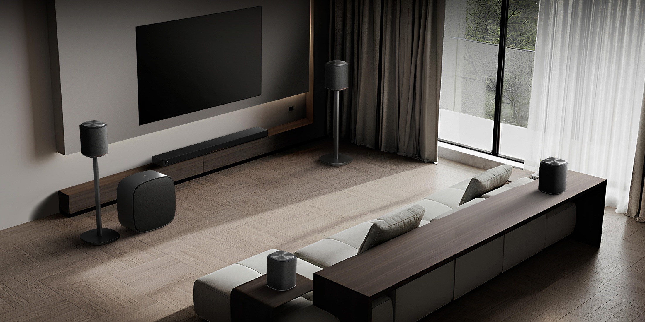Render del sistema audio modulare LG Sound Suite.