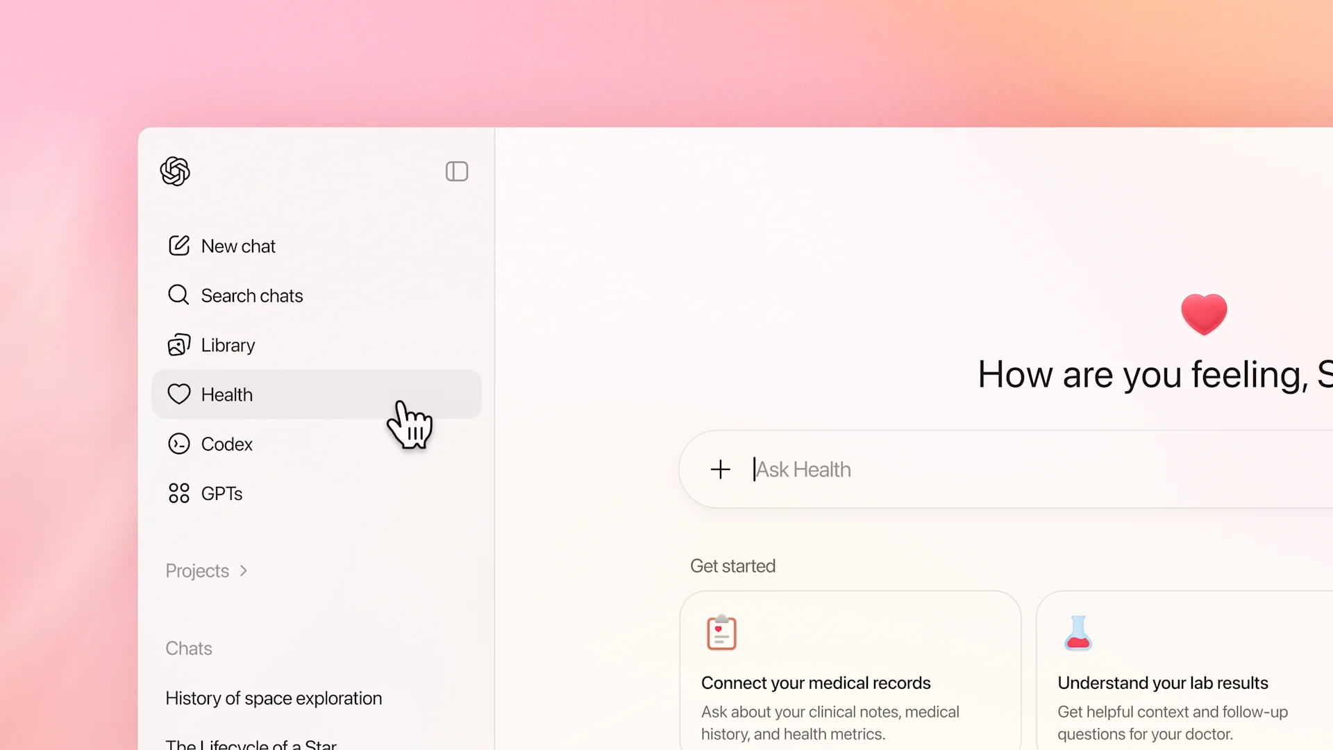 Interfaccia di ChatGPT Health di OpenAI