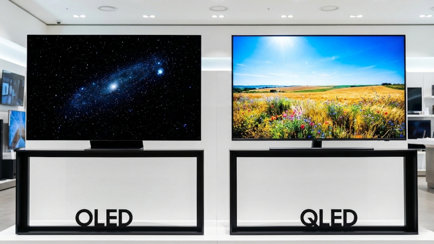 Confronto tra la tecnologia OLED e quella QLED che mostra le differenze tra i display